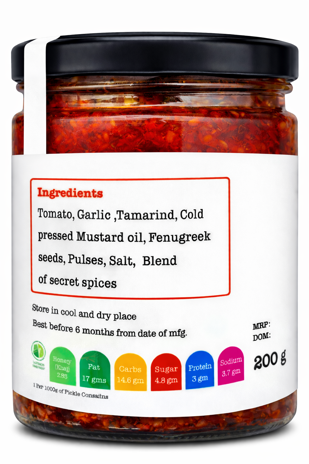 Jar of Pachadi with a label detailing ingredients and nutritional information on a white background