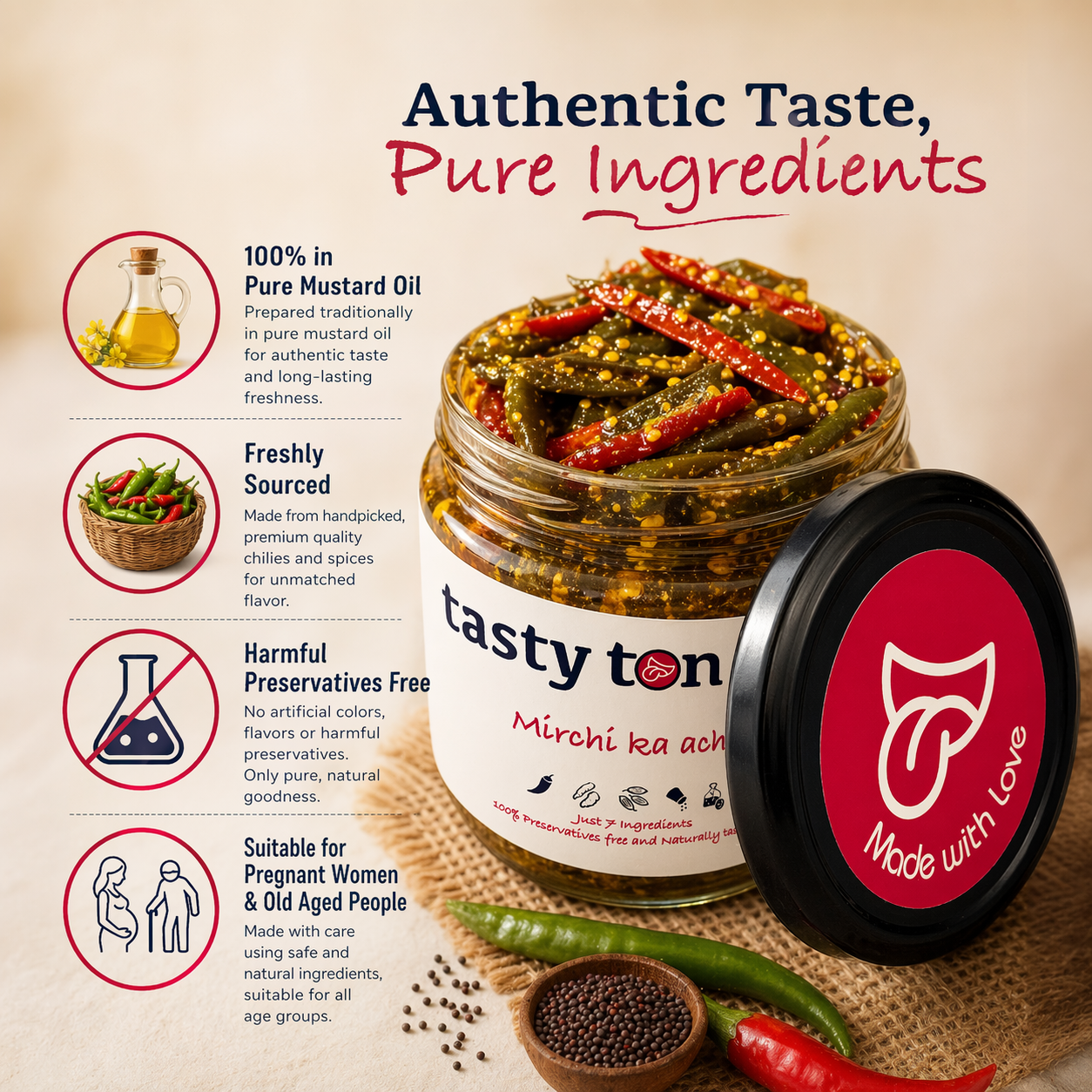 Jar of Mirchi ka achar with 'tasty tongue' branding and product details on a beige background.