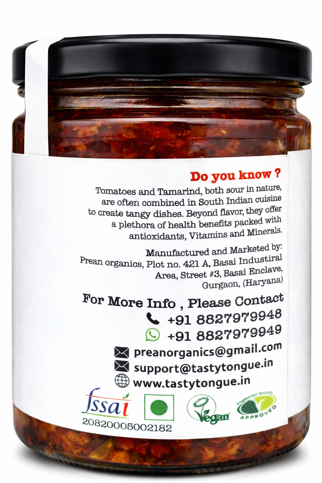 Jar of food with a white label containing text and contact information.