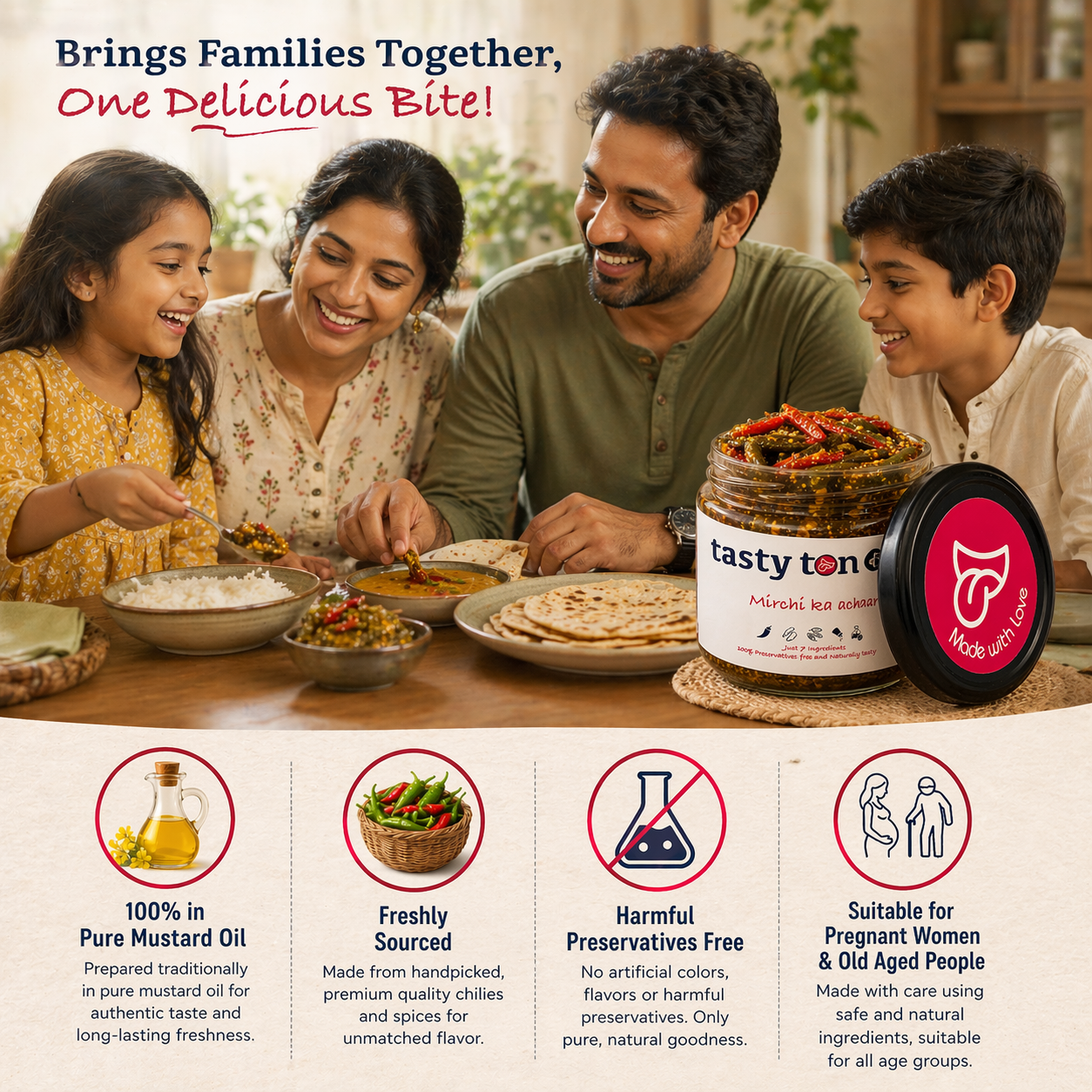 Family enjoying a meal together with Tasty Tongue products on a table.